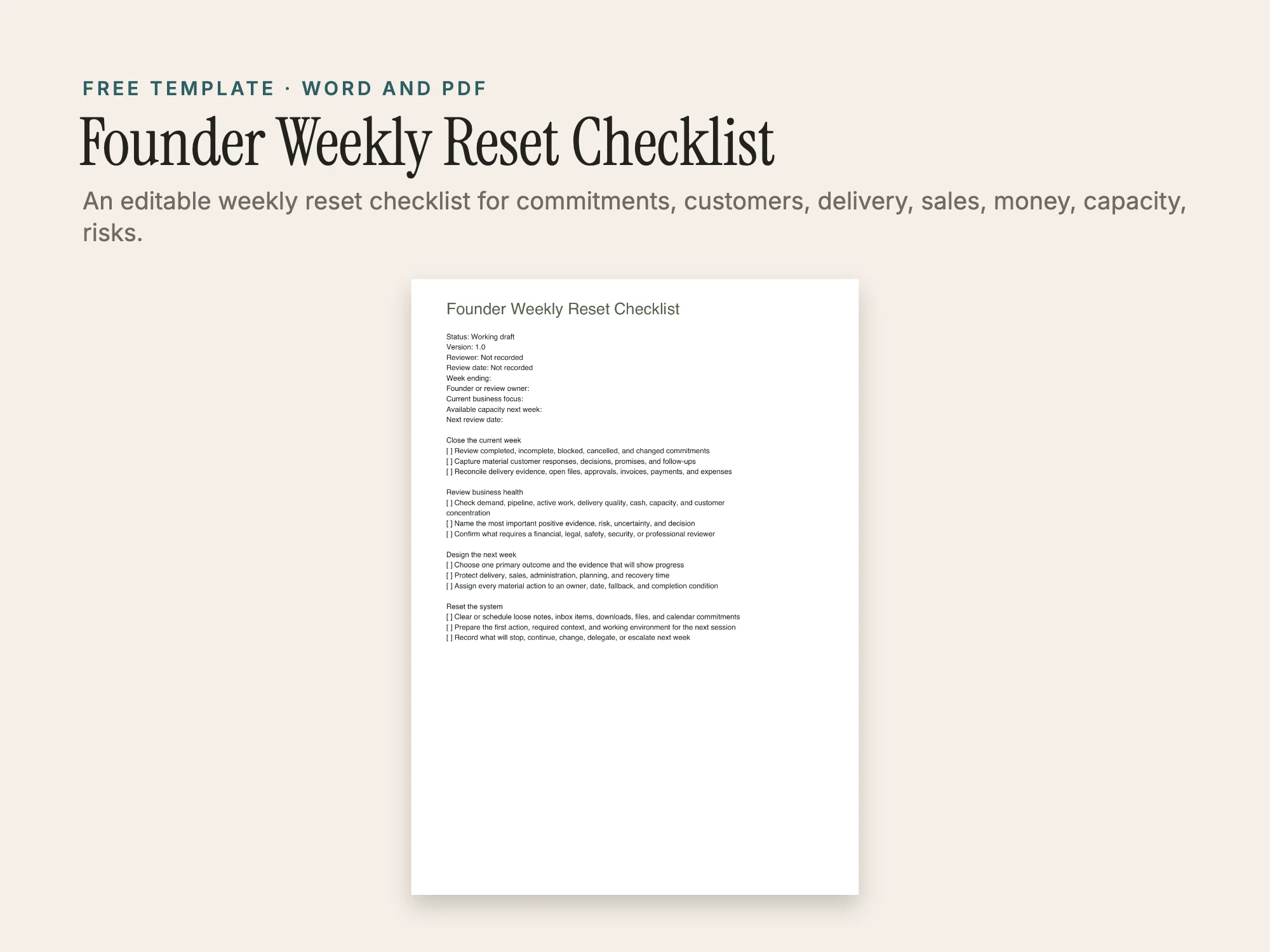 Cover of the Founder Weekly Reset Checklist
