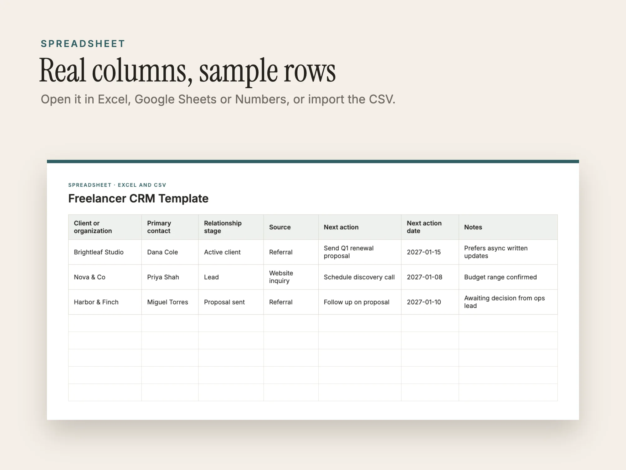 Freelancer CRM Template: Spreadsheet