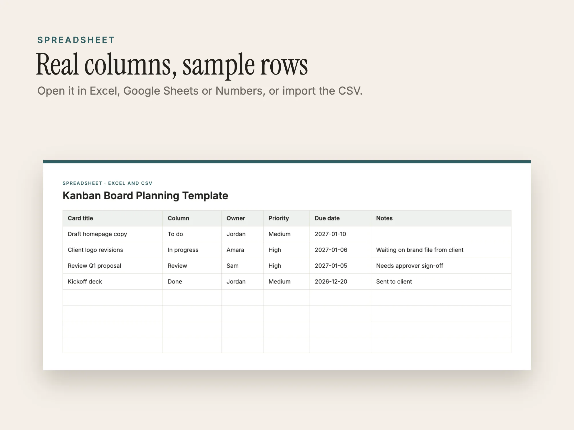 Kanban Board Planning Template: Spreadsheet